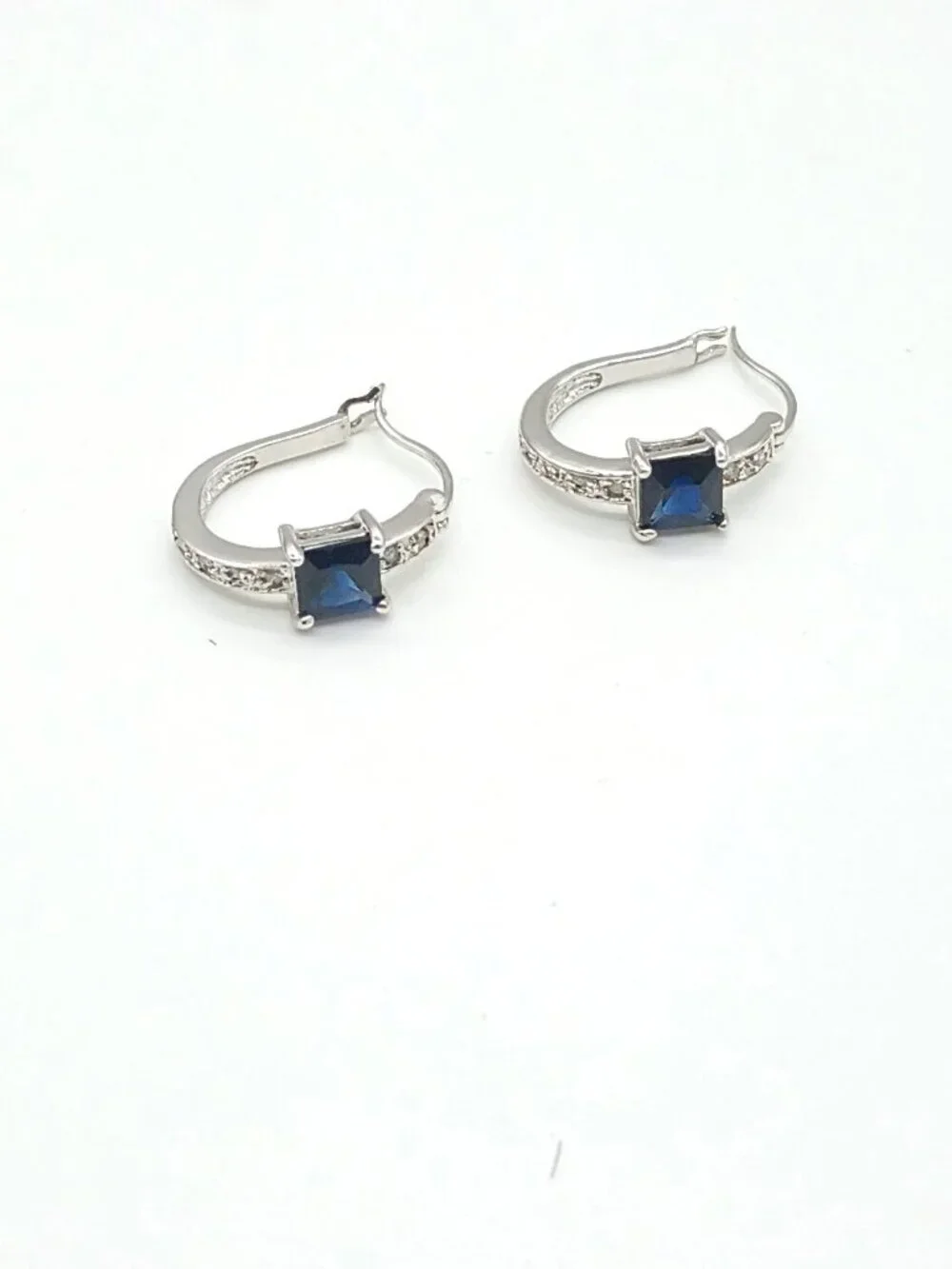 London Blue Topaz Leverback Earrings Emerald-Cut Solitaire Silver Tone